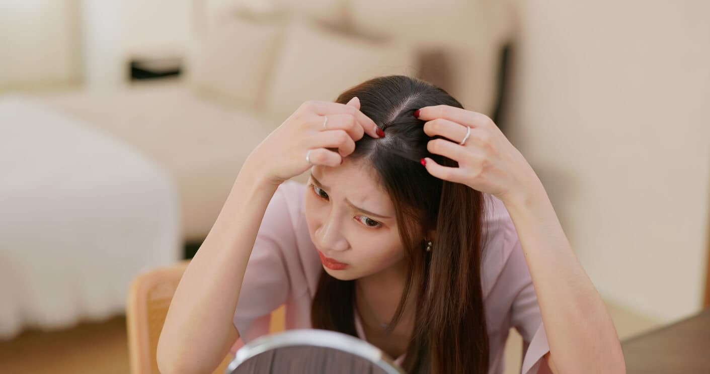 Mulher examina a raiz do cabelo com expressão preocupada, observando possíveis falhas capilares no couro cabeludo